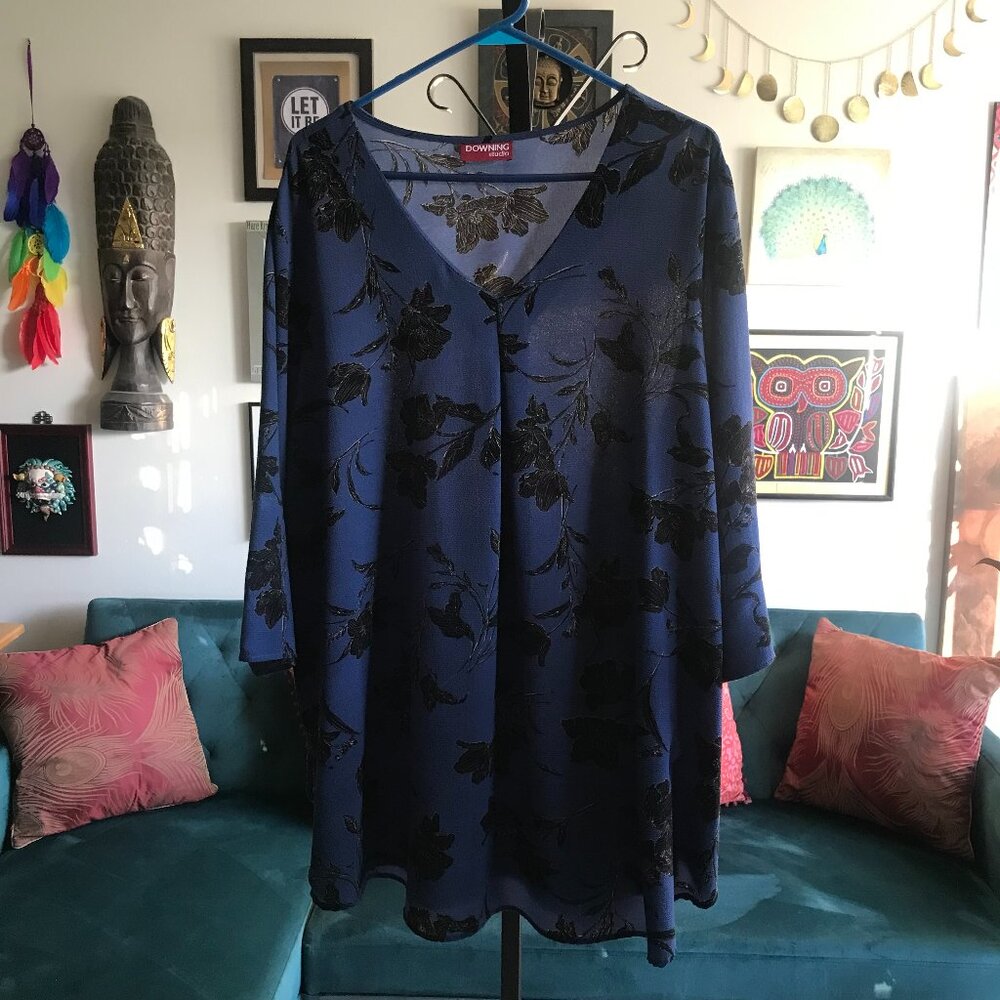 DOWNING STUDIO size 3X Navy Blue & Black Floral Print Crepe Tunic Top